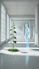 Holographic Human Facing Plant in Vast Minimal White Futuristic Hall
