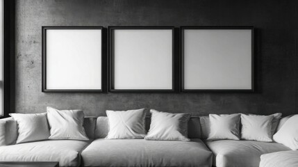 a living room with a couch and three framed pictures
