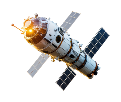 Launching space mission satellite orbiting earth technology isolated on transparent background, png