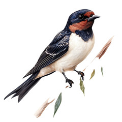 Fototapeta premium Realistic depiction of a swallow bird perched on a branch against a Transparent background, Swallow Bird Botanical realistic on PNG background