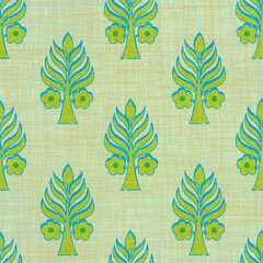Hand drawn block print floral pattern in bright green and sea green on linen texture background