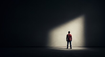 Fototapeta premium Man Facing Uncertain Future - A lone figure stands in a dimly lit room, a single beam of light illuminating the path ahead, symbolizing hope and uncertainty