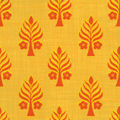 Hand drawn block print floral pattern in bright orange and yellow on linen texture background