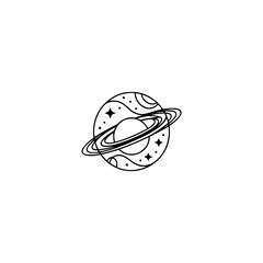 Minimalist Space Illustration: Saturn with Stars, Black Outline on White