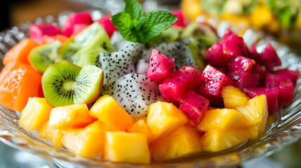A vibrant and refreshing tropical fruit platter with dragon fruit, mangosteen, kiwi, and pineapple, beautifully garnished with fresh mint leaves and presented on a glass plate.