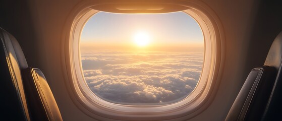 Naklejka premium Airplane Window Sunrise Golden Cloudscape Above