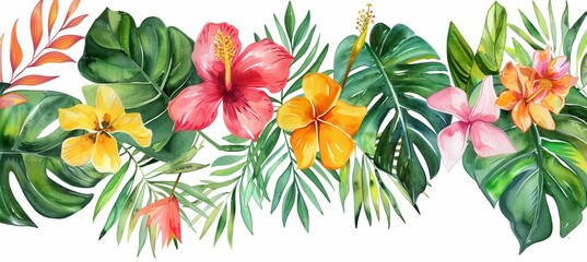 Fototapeta premium Vibrant Watercolor Tropical Border with Exotic Leaves and Flowers for Design Projects