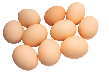 Light brown organic raw chicken eggs isolated on white background.