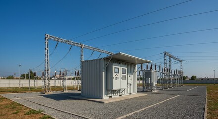 Modern Electrical Substation Facility - A modern electrical substation with high-voltage equipment and protective structures under a clear blue sky