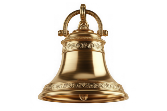 A gleaming golden bell, exquisitely detailed with ornate carvings, ready to announce a momentous occasion against a pure white background.
