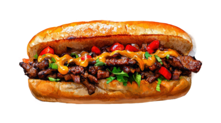 Sizzling steak sandwich street food festival view isolated on transparent background, png