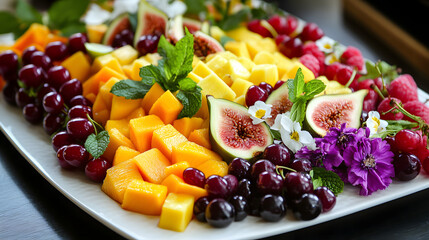 A vibrant fruit display with mango, pineapple, cherries, grapes, and figs, carefully arranged on a white porcelain plate with edible flowers and mint leaves.