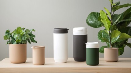 Modern Drink Containers and Green Plants on Minimalist Wooden Table