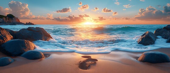 A peaceful beach at sunrise with gentle waves washing over smooth stones, a single footprint in the sand symbolizing the journey of healing and resilience