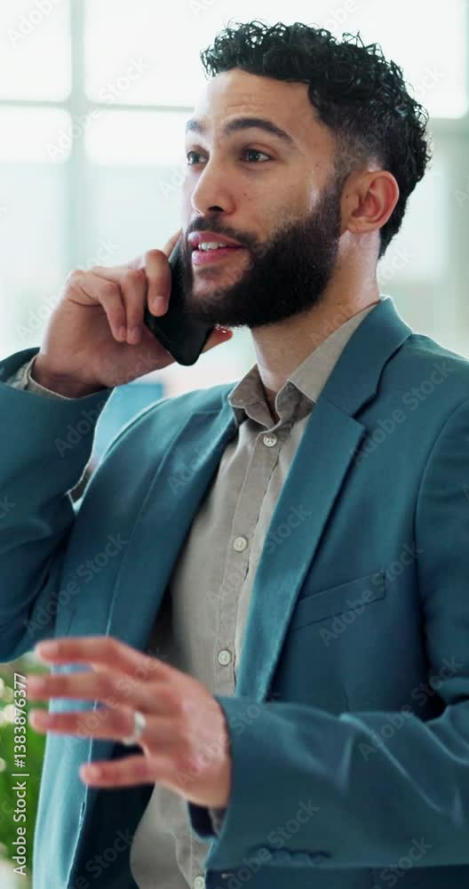 Poster laughing, phone call and smile with business man in office for communication, conversation or discus