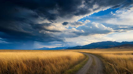 Golden Wheat Field Path Under Stormy Sky