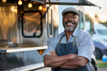 Portrait of a middle aged african american male food truck owner standing in front of his truck