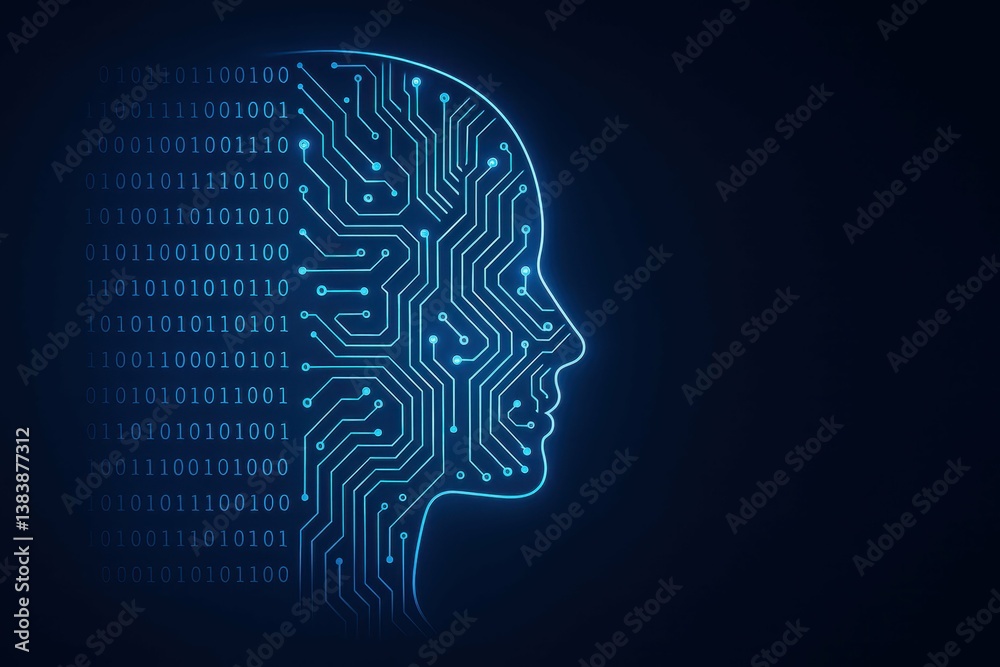 Poster futuristic digital silhouette with circuit pattern and binary code