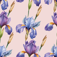 Classic purple lilac watercolor iris vector botanical floral seamless pattern