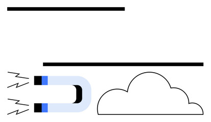 Magnet emitting signals near outlined cloud. Ideal for technology, connectivity, data, attraction, cloud computing, networking, innovation. Flat simple metaphor