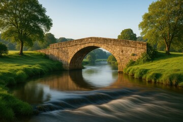 Fototapeta premium Serene Stone Bridge Over Calm Waters in Lush Green Landscape