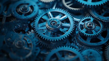 Blue background with gears and binary code, representing the technology of machine learning in digital marketing