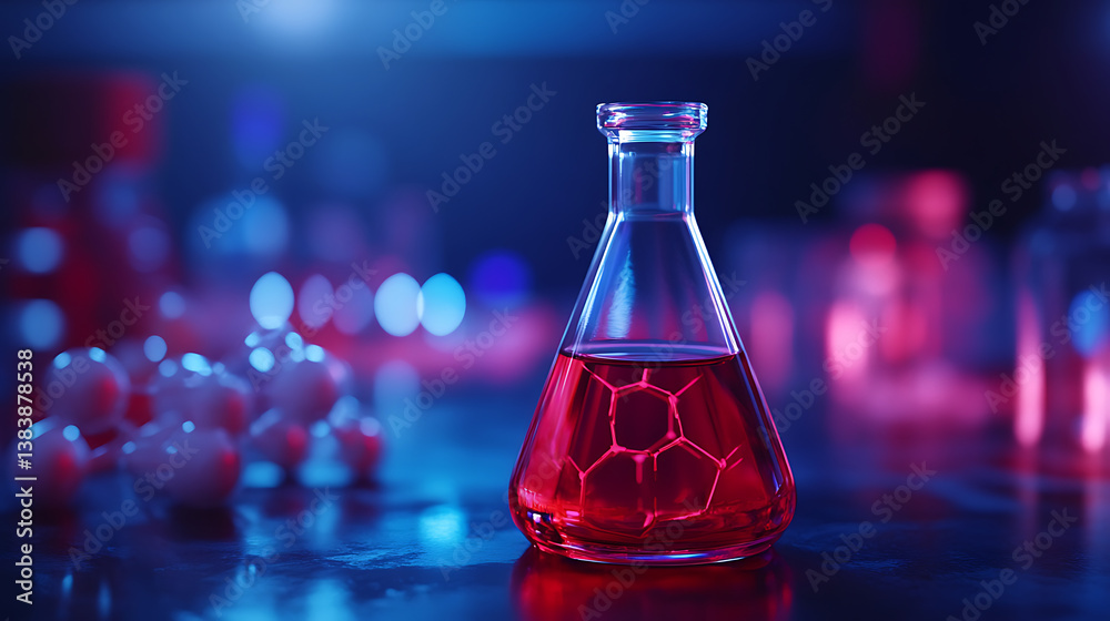 Poster blue red glass flask vial and chemical structure in research medical science technology background, 