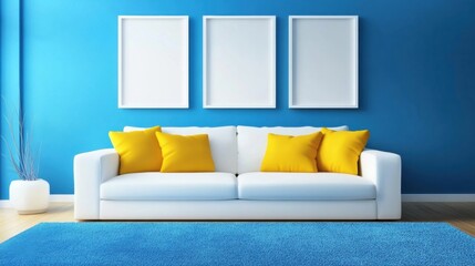 a white couch with yellow pillows in a blue room