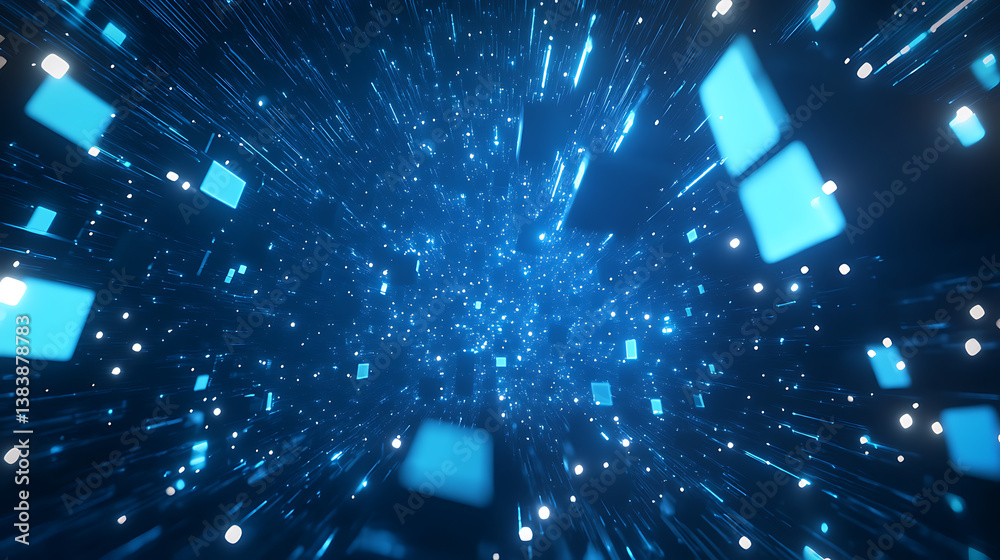 Fototapete Blue starry sky background with pixel art stars and squares simple geometric space grid pattern for game or motion graphics animation