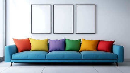 Blue sofa with colorful pillows against white wall with art posters frames, mid-century style home interior design of modern living room