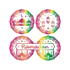 Create a set of four Ramadan-themed decorative labels with intricate geometric frames inspired by Islamic art