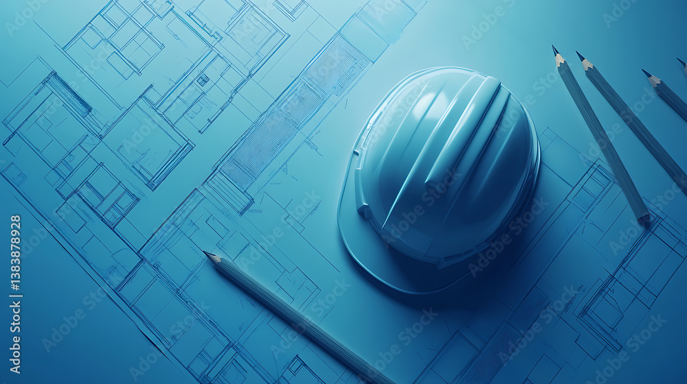 Poster blueprint floor plan with pencils and hard hat symbolizing architectural project management