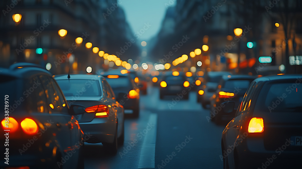 Poster blurred urban view from fast moving car to rear in bokeh night, a bustling city center with crowded 