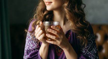 Young caucasian female relaxing with tea in cozy setting