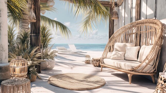 Beachside relaxation: a serene coastal setting with a wicker lounge chair, woven accents, and tranquil ocean views. Perfect escape!