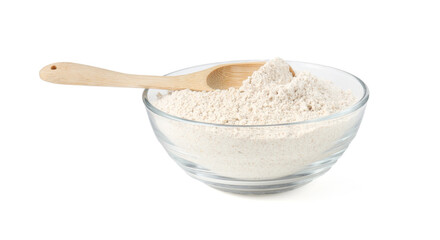 Brown rice flour and spoon in bowl isolated on white