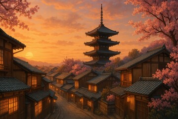 Fototapeta premium Serene Ancient Japanese Cityscape at Sunset with Cherry Blossoms