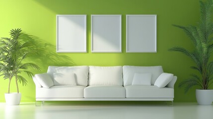 a white couch sitting in a living room next to a plant