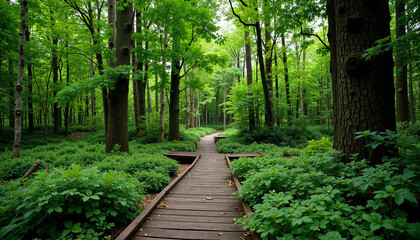 Obraz premium Lush forest path winding through green foliage and trees 