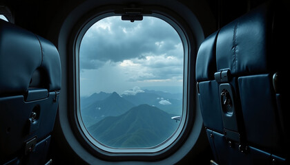 Naklejka premium Airplane Window View Over Mountains Under Cloudy Sky 