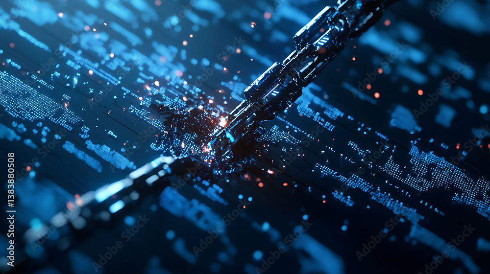Poster Broken chain breaking the blockchain on a blue background with binary code and symbols of a network security concept
