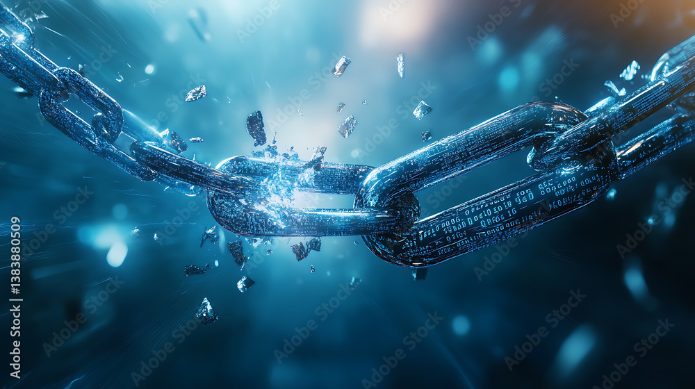 Aufkleber Broken chain breaking the blockchain on a blue background with binary code and symbols of a network security concept