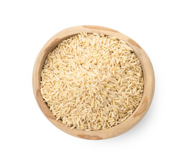 Raw brown rice in bowl isolated on white, top view