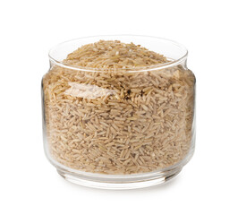Raw brown rice in open jar isolated on white