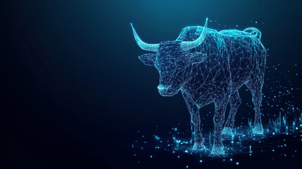 Abstract polygonal bull, low poly style, dark blue background.