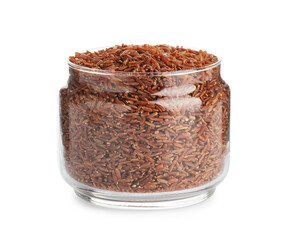 Raw brown rice in jar isolated on white