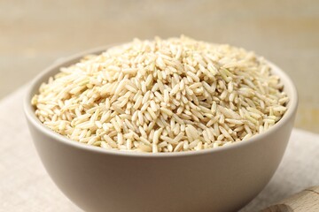 Raw brown rice in bowl on blurred background, closeup