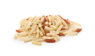 Different sorts of raw brown rice isolated on white