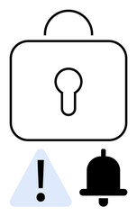 Padlock with keyhole, warning triangle with exclamation mark, and notification bell. Ideal for security, alert, warning, notification, privacy, protection online safety flat simple metaphor