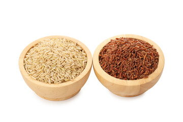 Different sorts of raw brown rice isolated on white